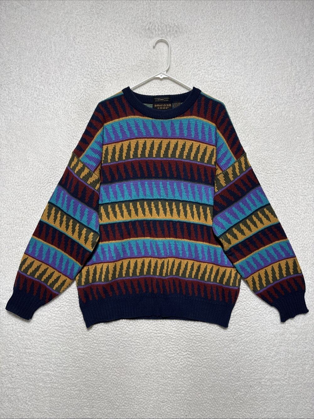 Vintage 90’s Sweater Mens Large Uniform Code Acrylic Crew Neck Grandpa Geometric